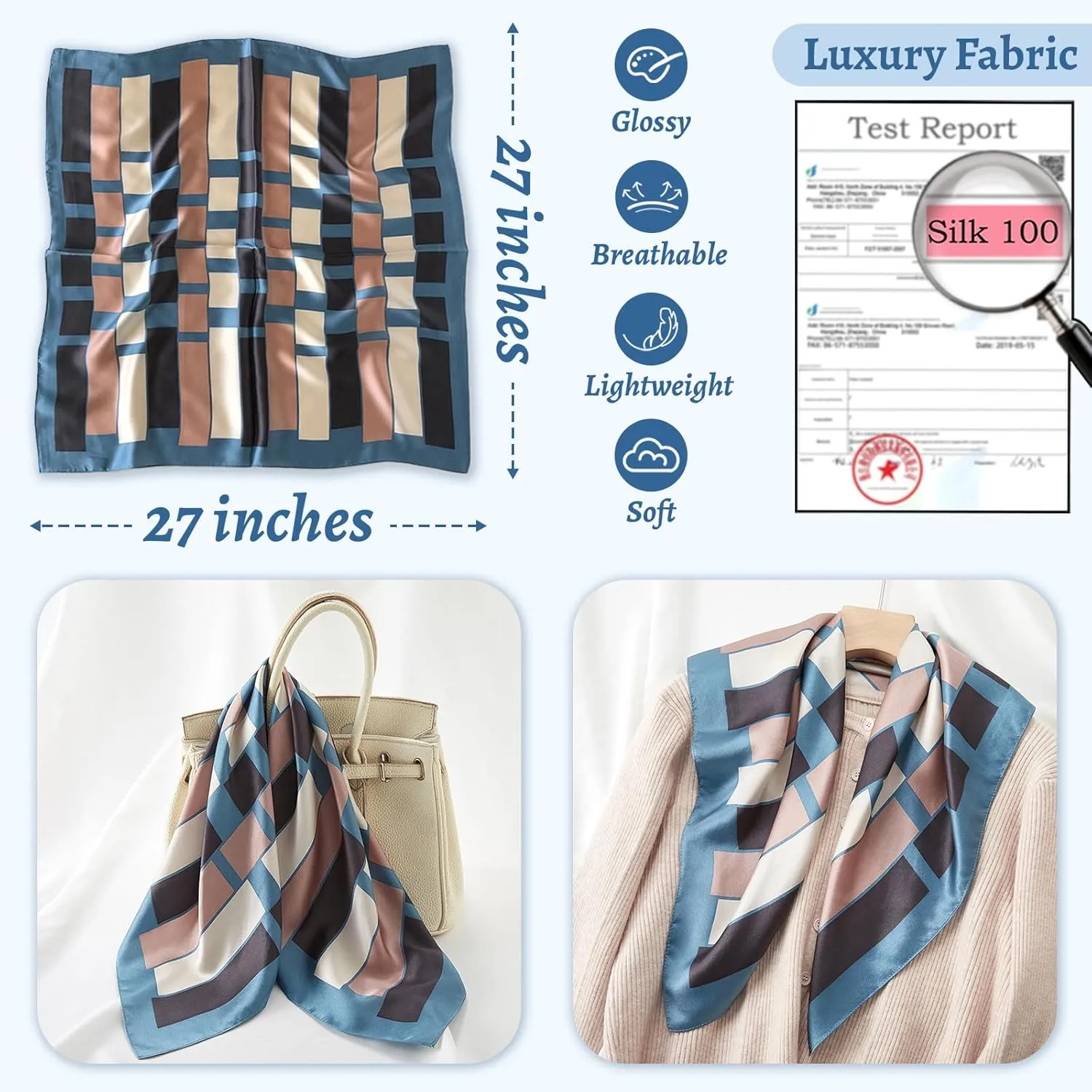 100% Mulberry Silk Square Scarf 27''x27'' Neck Scarf Hair Scarf Headscarf Bandanas for Women