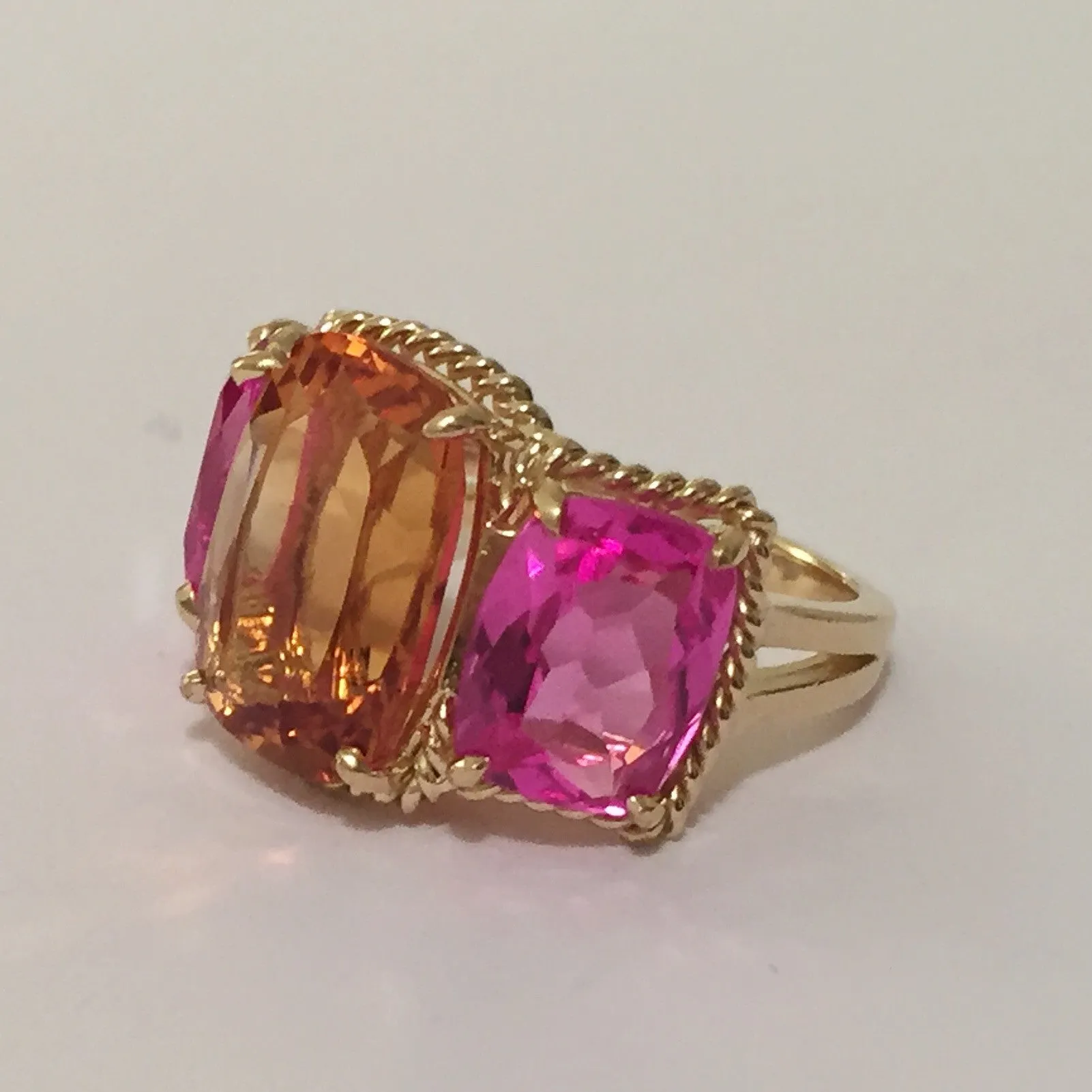 18kt Yellow Gold Blue Topaz and Rock Crystal Three Stone Ring with Rope Twist Border