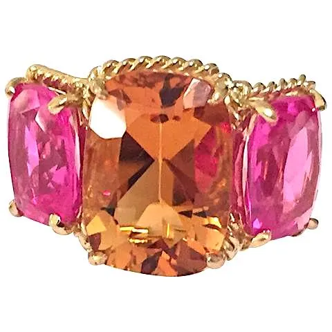 18kt Yellow Gold Blue Topaz and Rock Crystal Three Stone Ring with Rope Twist Border