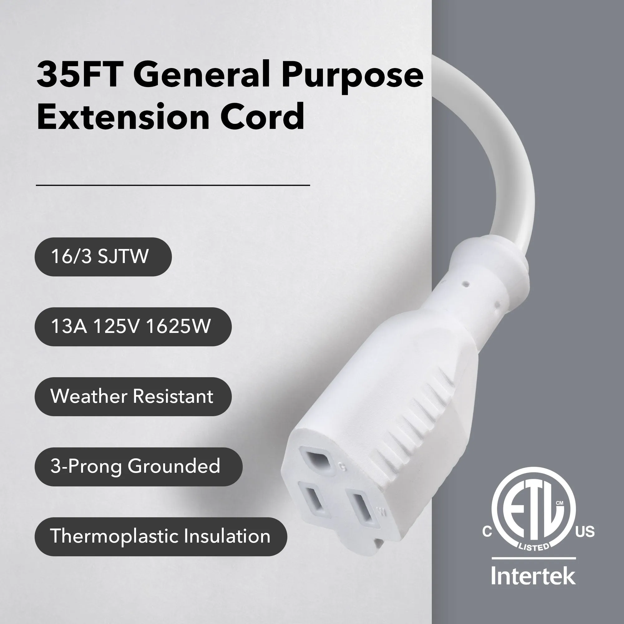 35 ft Waterproof Outdoor Extension Cord 16/3 SJTW Heavy Duty Power White Cord Bn-link