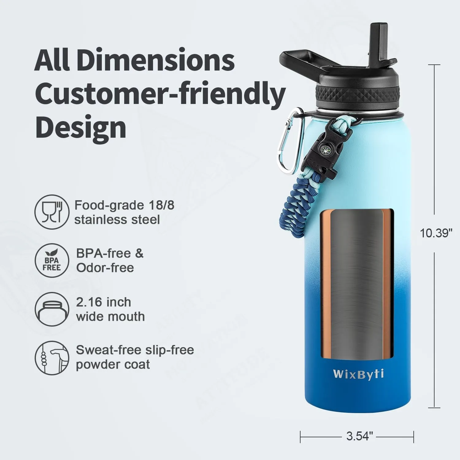 40 oz Insulated Water Bottle with Straw (Cold for 48 Hrs), Stainless Steel Triple Wall Vacuum Sports Water Jug, Leakproof Hydro Cup Flask with Paracord Handle & Straw Spout Lids & DIY Stickers
