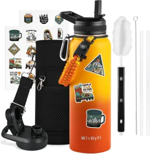 40 oz Insulated Water Bottle with Straw (Cold for 48 Hrs), Stainless Steel Triple Wall Vacuum Sports Water Jug, Leakproof Hydro Cup Flask with Paracord Handle & Straw Spout Lids & DIY Stickers