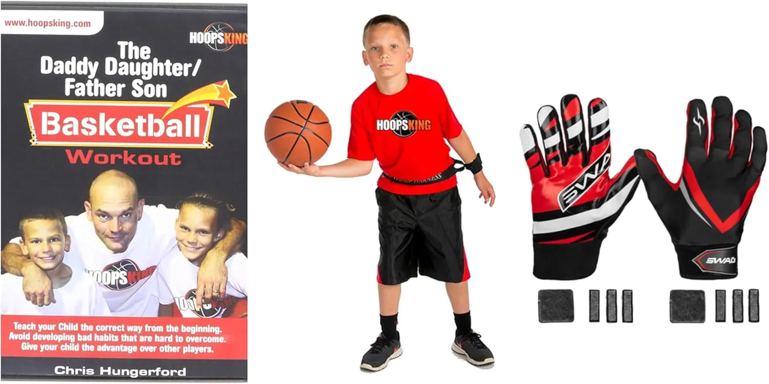 Basketball Training Kit - Perfect Form Shooting, Dribbling, Passing, Offensive Moves for K-6 Players | Hoop Harness Dribbling Aid | S.W.A.G. Adjustable Weighted Gloves for Men, Women & Kids