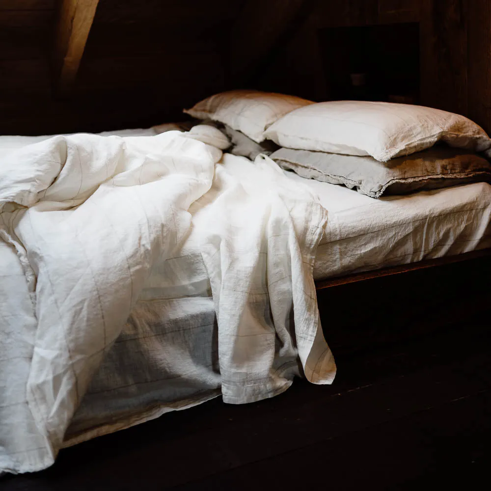 Carter French Linen Fitted Sheet - Off White w' Natural Fine Stripe