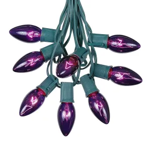 classic 100 Feet C9 Clear Christmas String Light Set, Vintage Holiday Hanging Light Set, Green Wire Purple