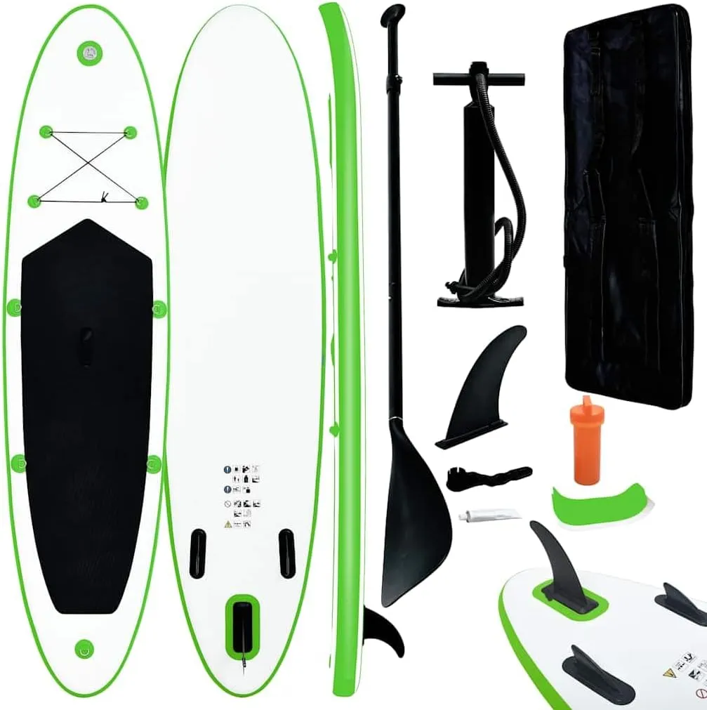 Enjoy Stability and Comfort with Inflatable Stand Up Paddleboard Set, Durable PVC and EVA, Green and White