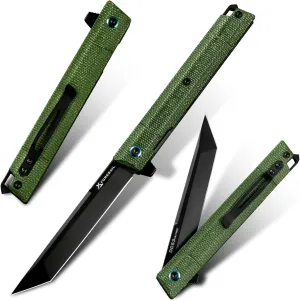 Flipper Pocket Folding Knife,DC53 Steel Blade and G10 Handle. With pocket clip and glass breaker,men's pocket knife hiking trip EDC tool Knife (Green Micarta Handle)