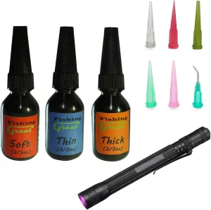 Fly Tying UV Clear Glue and Power Light Combo Three Bottles Thick Thin and Soft  12 LED Light for Building Flies Heads Bodies Wings and Gluing Eyes