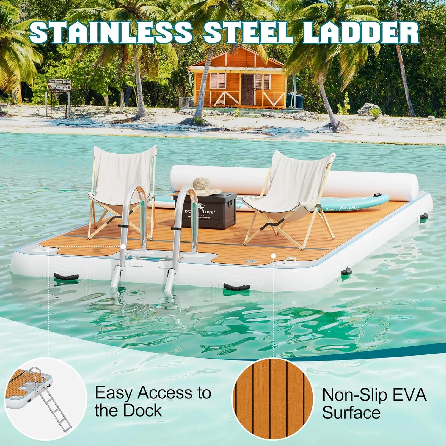 Inflatable Floating Dock, Non-Slip EVA Air Dock Platform loating Island Raft with Rope Ladder for Pool Lake Beach Ocean