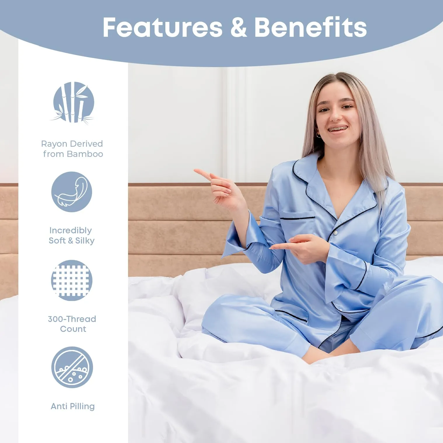 LINENWALAS 100% Vegan Bamboo Silk Bedsheet Set, Natural Soft and Light-Weight, Best for Hair and Delicate Skin with Pillow Cover, Breathable, (Single, Blue)