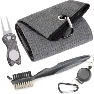 Mile High Life Microfiber Waffle Pattern Golf Towel | Club Groove Cleaner Brush | Foldable Divot Tool with Magnetic Ball Marker (Dark Gray Towel/Brush/Fish Divot)