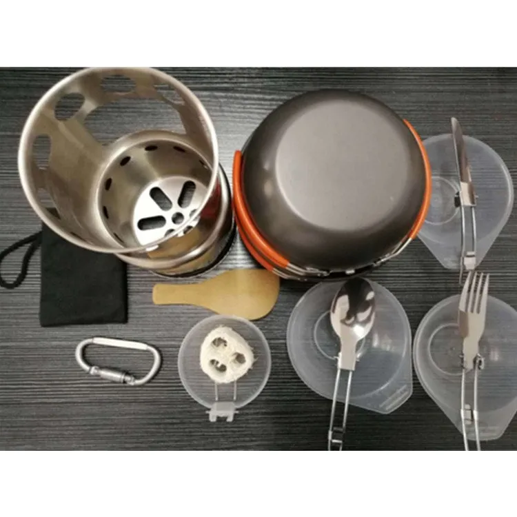 Outdoor Hiking Camping Wood Stove Set With Cutlery(Orange Handle)