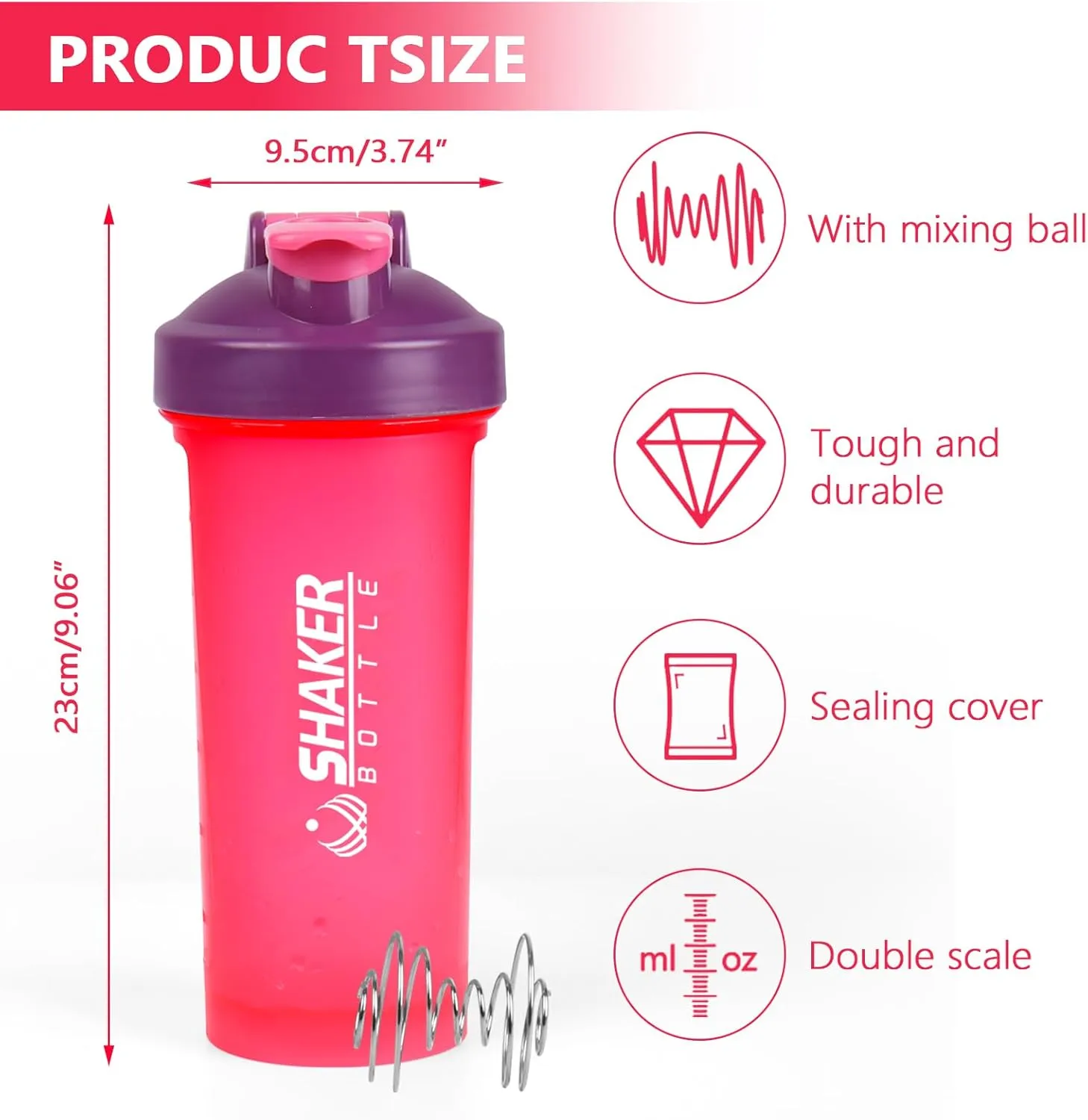Protein Shaker Bottle 24oz- Leak- Proof GYM Shaker Cup with Handle and Mixing Ball Effortlessly Blend Drinks, Stay Hydrated During Workouts - BPA Free (PINK)