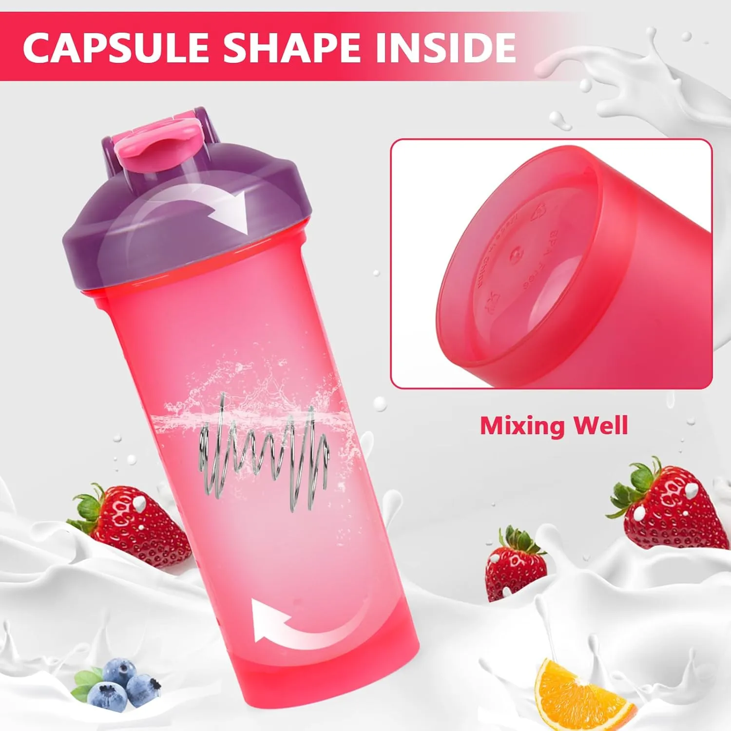 Protein Shaker Bottle 24oz- Leak- Proof GYM Shaker Cup with Handle and Mixing Ball Effortlessly Blend Drinks, Stay Hydrated During Workouts - BPA Free (PINK)