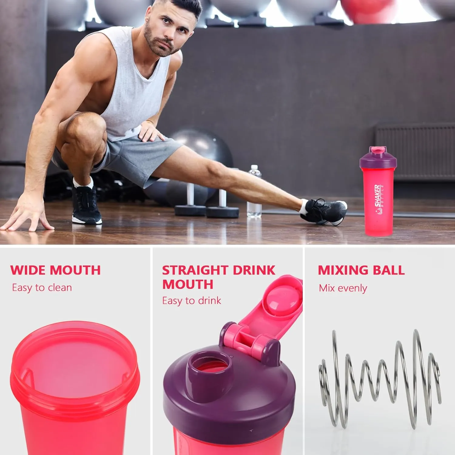 Protein Shaker Bottle 24oz- Leak- Proof GYM Shaker Cup with Handle and Mixing Ball Effortlessly Blend Drinks, Stay Hydrated During Workouts - BPA Free (PINK)