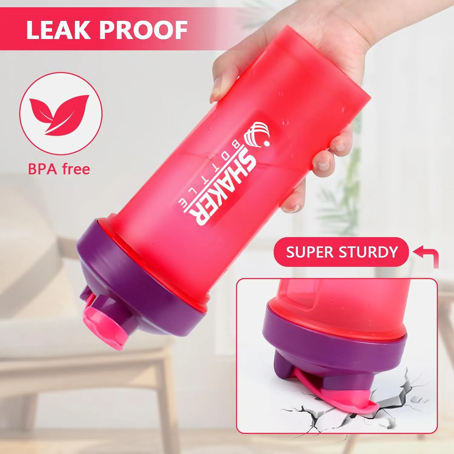 Protein Shaker Bottle 24oz- Leak- Proof GYM Shaker Cup with Handle and Mixing Ball Effortlessly Blend Drinks, Stay Hydrated During Workouts - BPA Free (PINK)