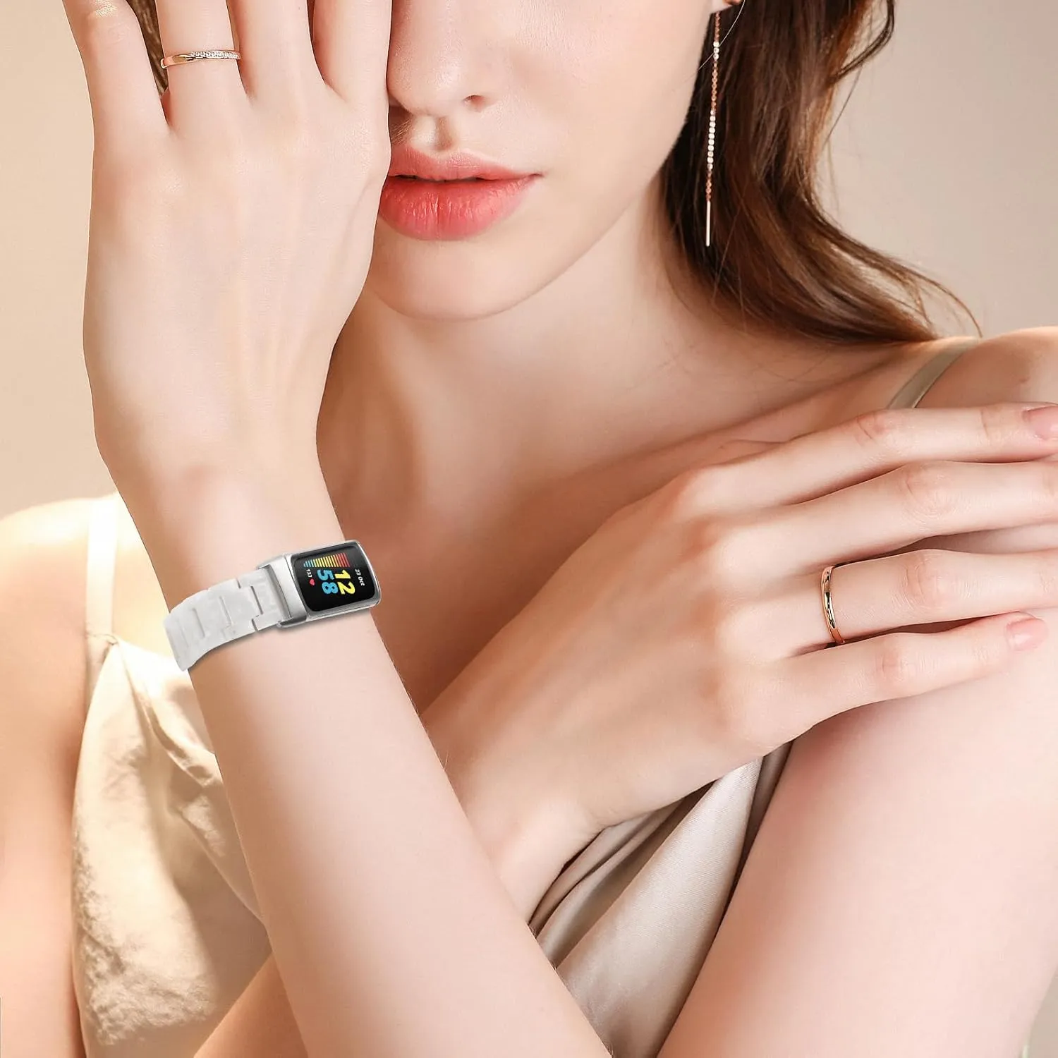 Resin Band Compatible with Fitbit Charge 6/ Fitbit Charge 5, Waterproof & Lightweight Bracelet Wristband Replacement with Stainless Steel Buckle, Fashion Strap for Fitness Tracker Women
