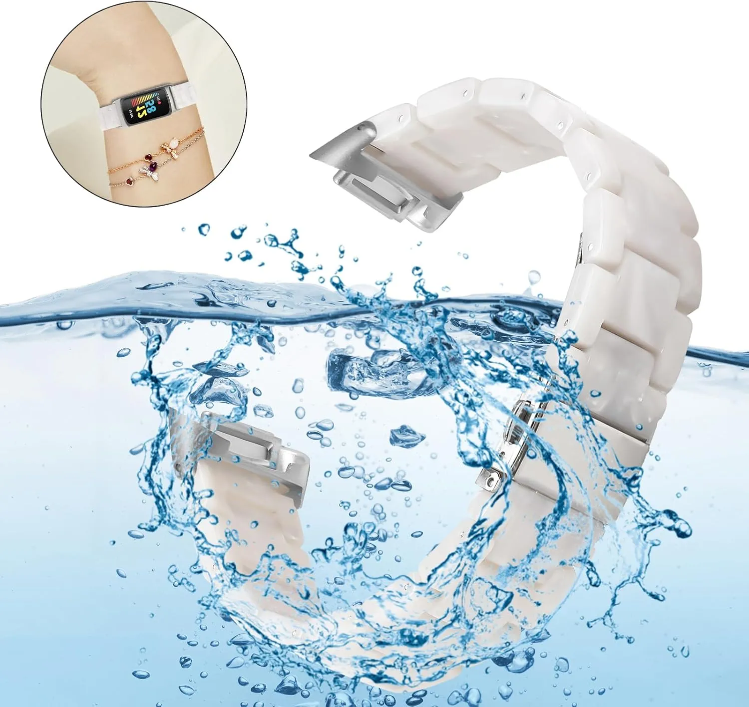 Resin Band Compatible with Fitbit Charge 6/ Fitbit Charge 5, Waterproof & Lightweight Bracelet Wristband Replacement with Stainless Steel Buckle, Fashion Strap for Fitness Tracker Women