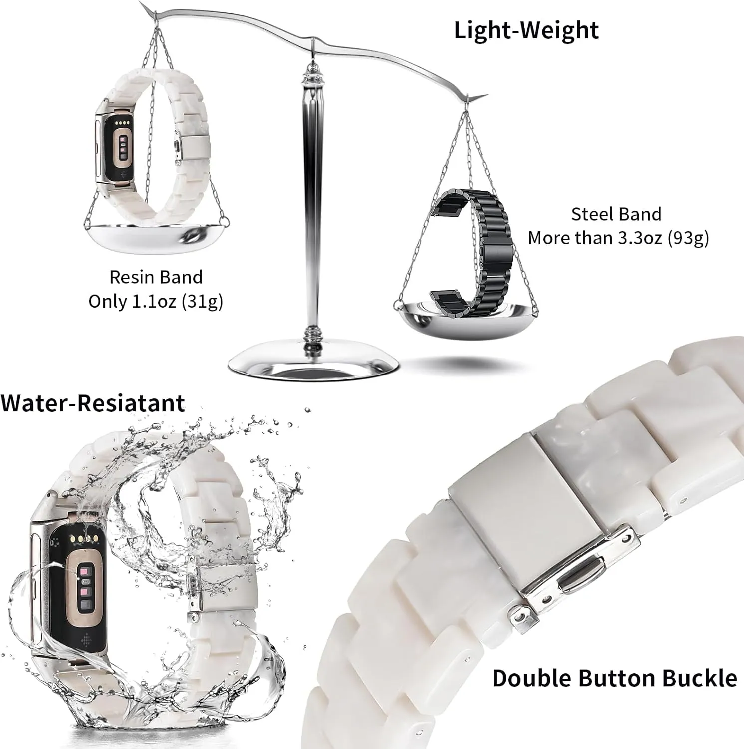 Resin Band Compatible with Fitbit Charge 6/ Fitbit Charge 5, Waterproof & Lightweight Bracelet Wristband Replacement with Stainless Steel Buckle, Fashion Strap for Fitness Tracker Women