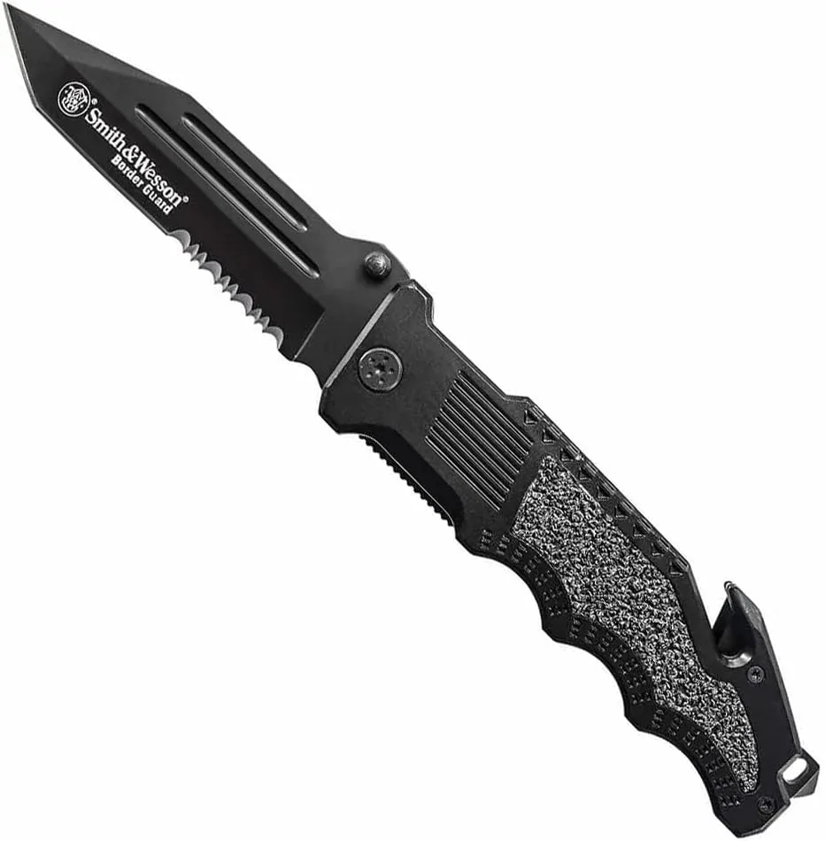 Smith & Wesson Border Guard 10in High Carbon S.S. Folding Knife with 4.4in Tanto Blade and Aluminum Handle for Tactical, Survival and EDC