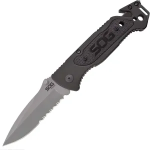SOG Escape Tactical Folding Pocket Knife- 3.4 Inch Serrated Edge Blade Knife w/ Glass Breaker, Wire Stripper and Line Cutter Blades-Satin (FF25-CP),Black