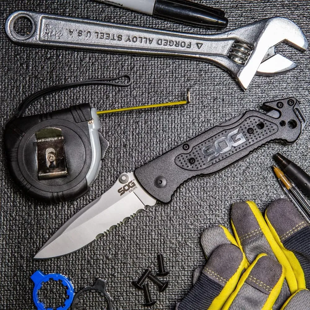 SOG Escape Tactical Folding Pocket Knife- 3.4 Inch Serrated Edge Blade Knife w/ Glass Breaker, Wire Stripper and Line Cutter Blades-Satin (FF25-CP),Black