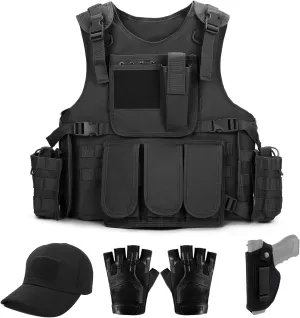 Tactical Vest for Men, Molle Security Vest and Cap Gloves Protection Equipment for Airsoft Paintball Training, Black