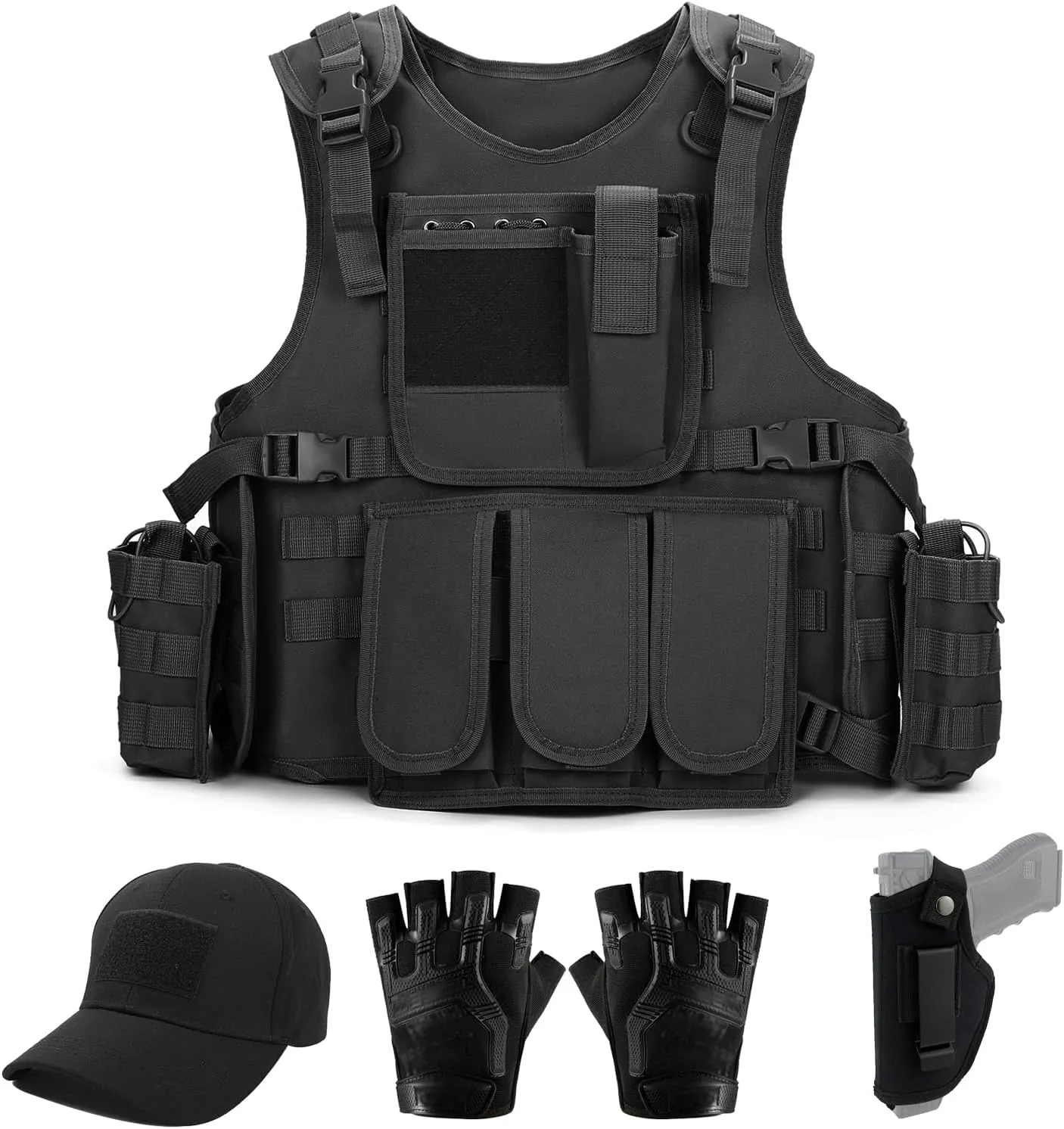 Tactical Vest for Men, Molle Security Vest and Cap Gloves Protection Equipment for Airsoft Paintball Training, Black