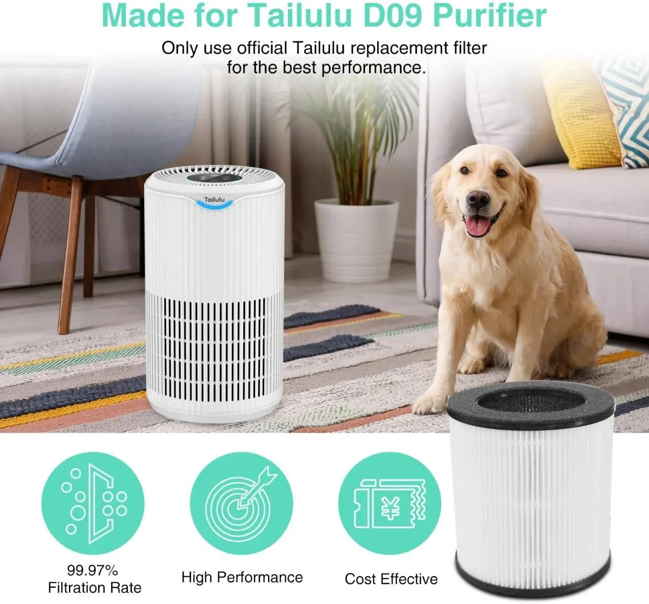Tailulu D09 Air Purifier Replacement Filter, 3-in-1 True H13 HEPA Filter