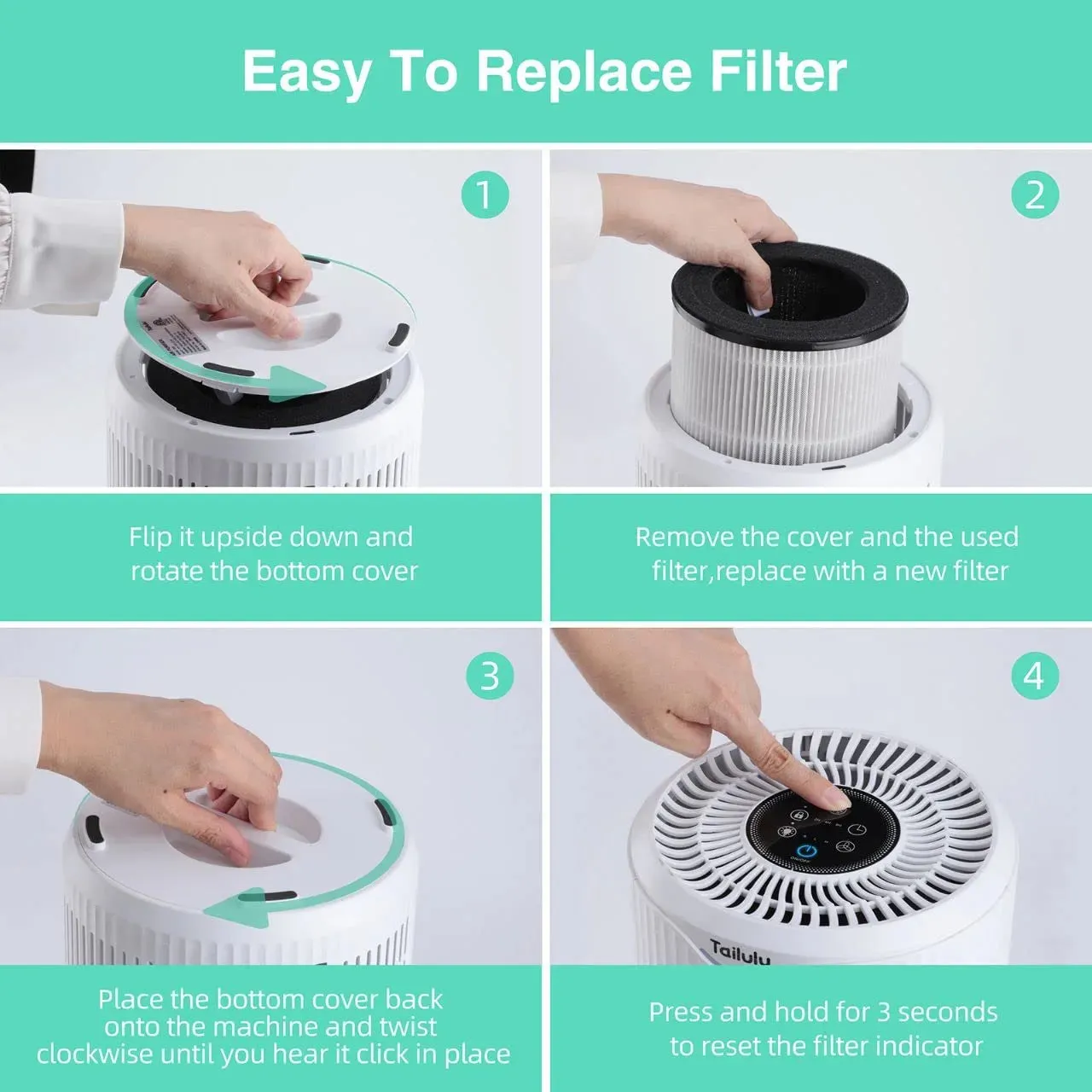 Tailulu D09 Air Purifier Replacement Filter, 3-in-1 True H13 HEPA Filter