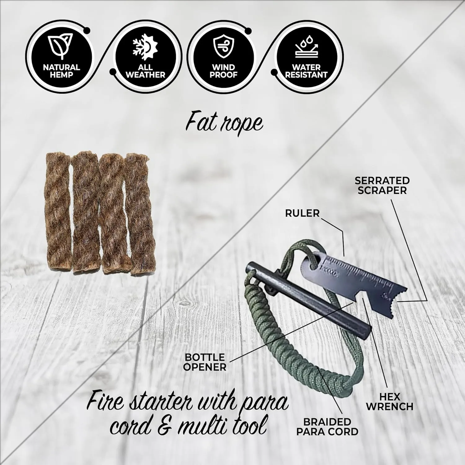 Ultimate Fire Starter Survival Tool Kit  Emergency Fire Starter Kit Includes Weatherproof Magnesium Fire Rod, Fire Striker, Fat Rope, Char Cloth, Rope Lighter,Wax Sticks, Survival Knife