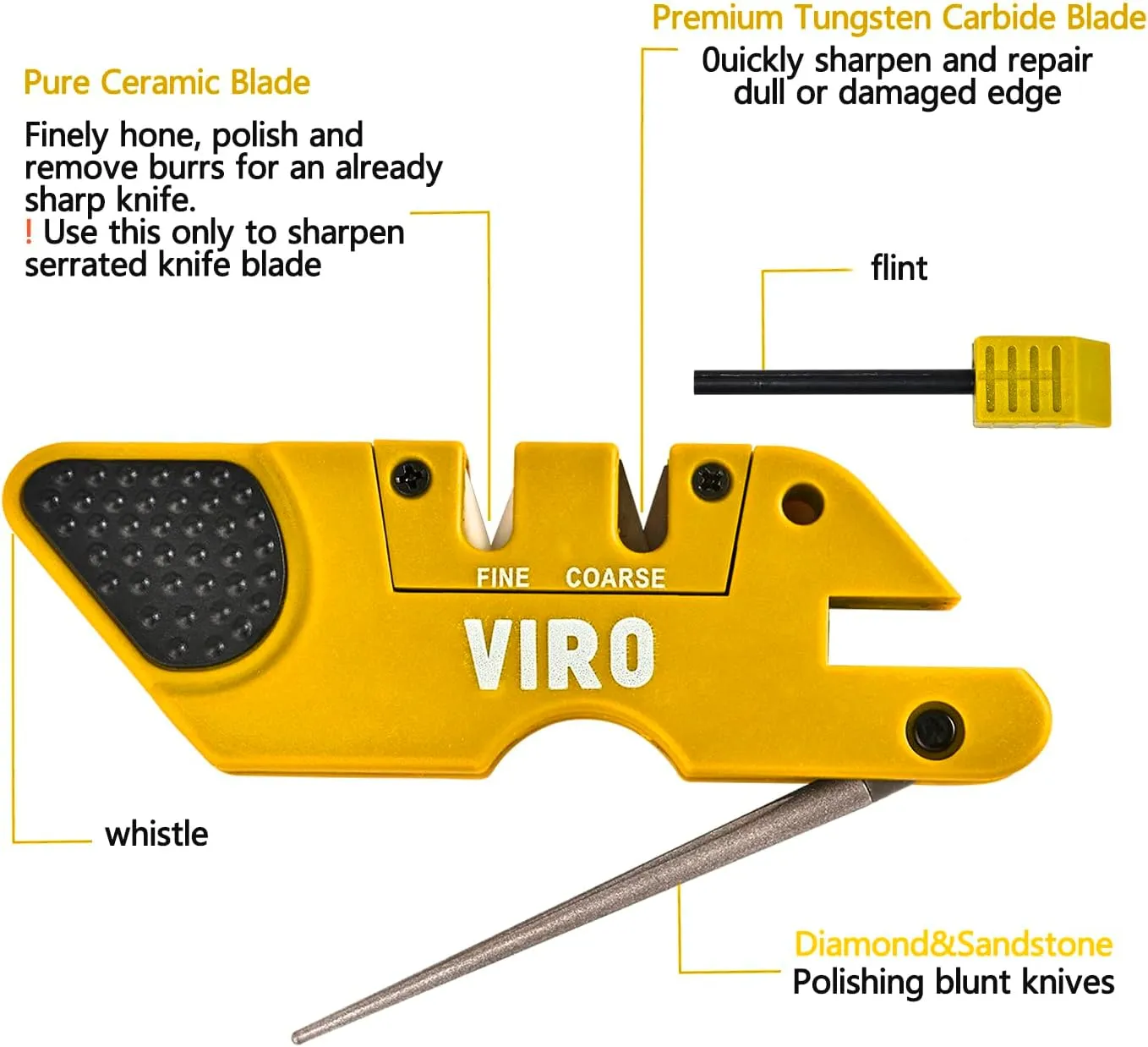 VIRO 6-in-1 Pocket Knife Sharpener& Survival Tool Outdoor Hunting Knife & Hook Sharpener, Handheld, Compact, Lightweight, Multi Use (Yellow)