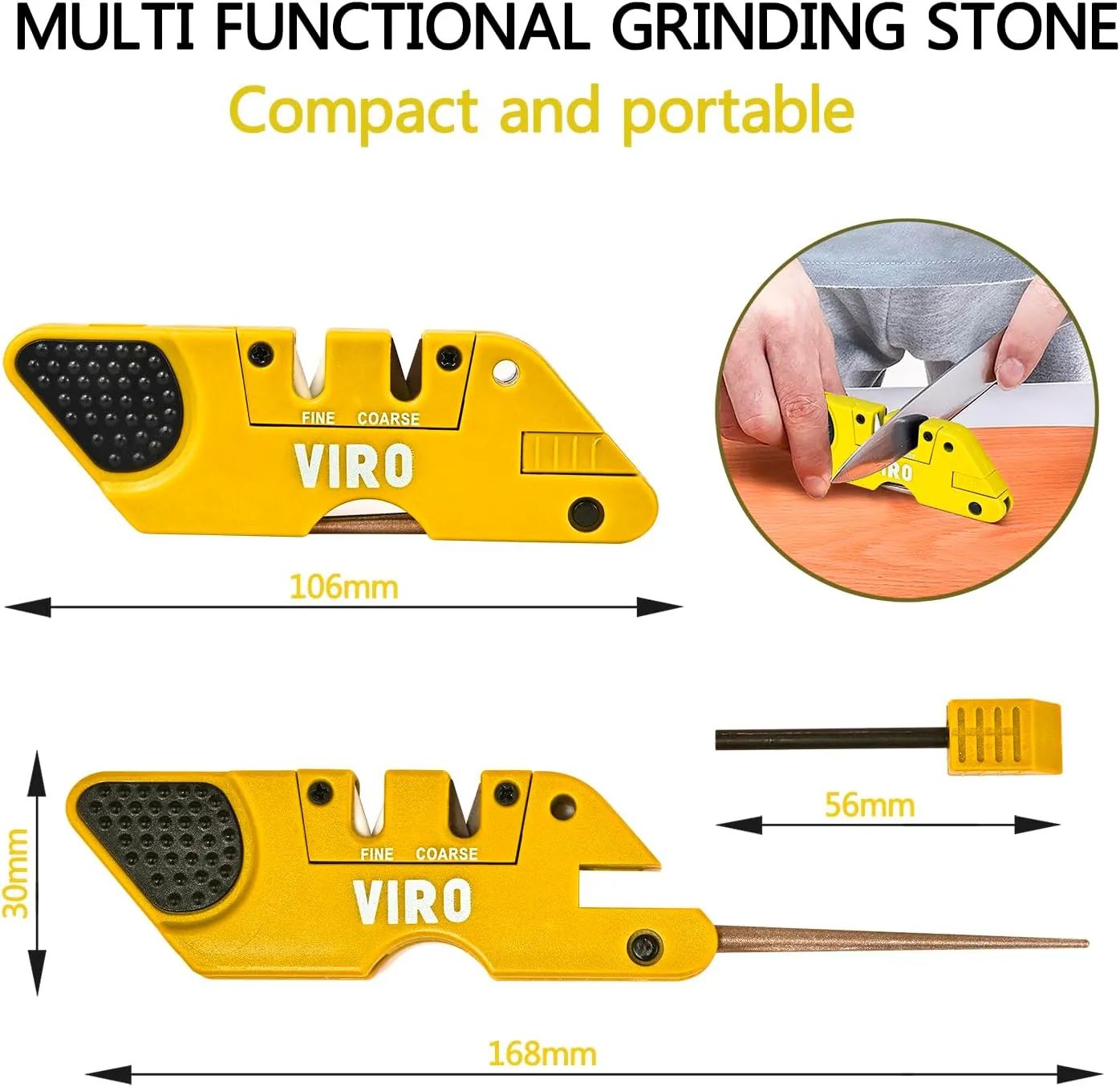 VIRO 6-in-1 Pocket Knife Sharpener& Survival Tool Outdoor Hunting Knife & Hook Sharpener, Handheld, Compact, Lightweight, Multi Use (Yellow)