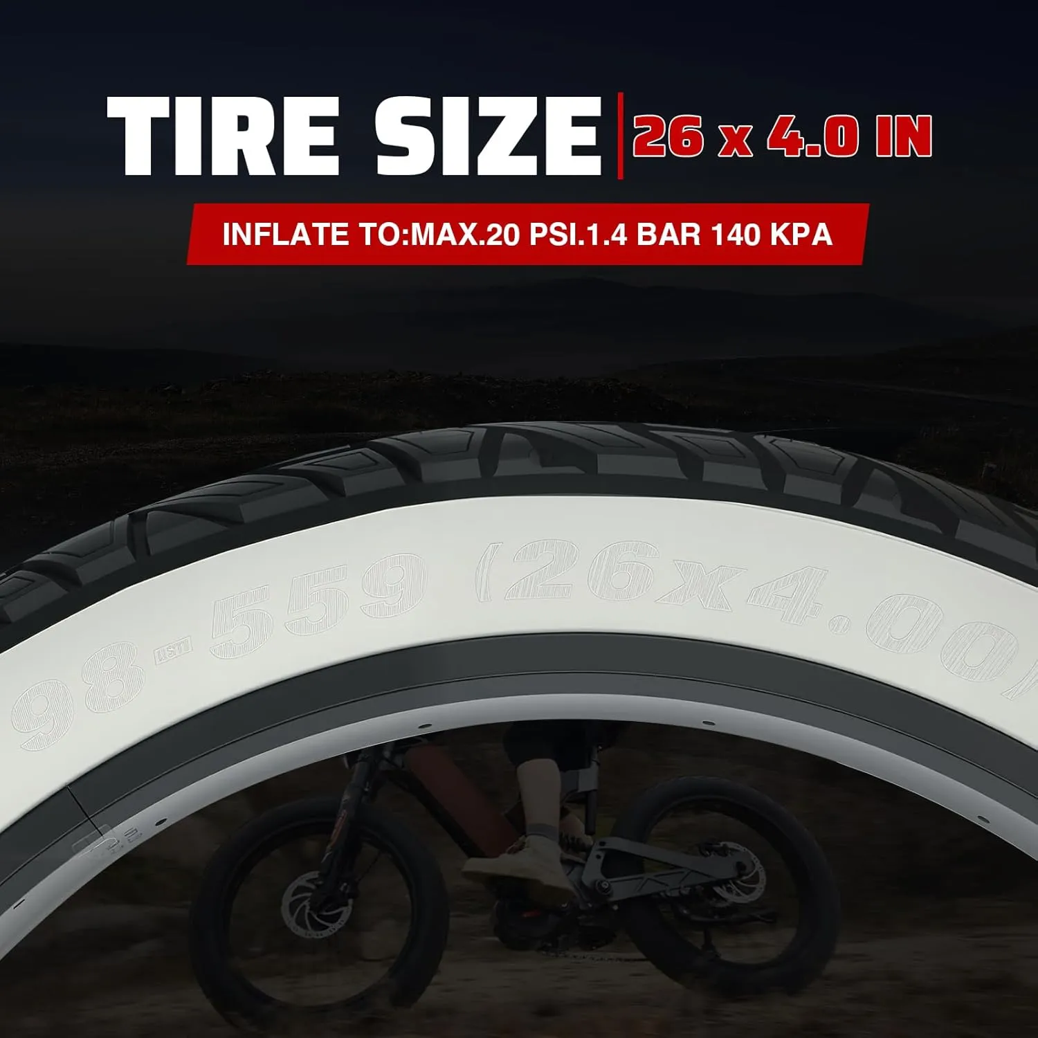 ZUKKA 20/26 x 4.0 E-Bike Tire 1/2 Pack Fat Tire High Performance Fat White Wall Replacement Folding Mountain Bike Tire High-Density Bike Tires for MTB E Bikes
