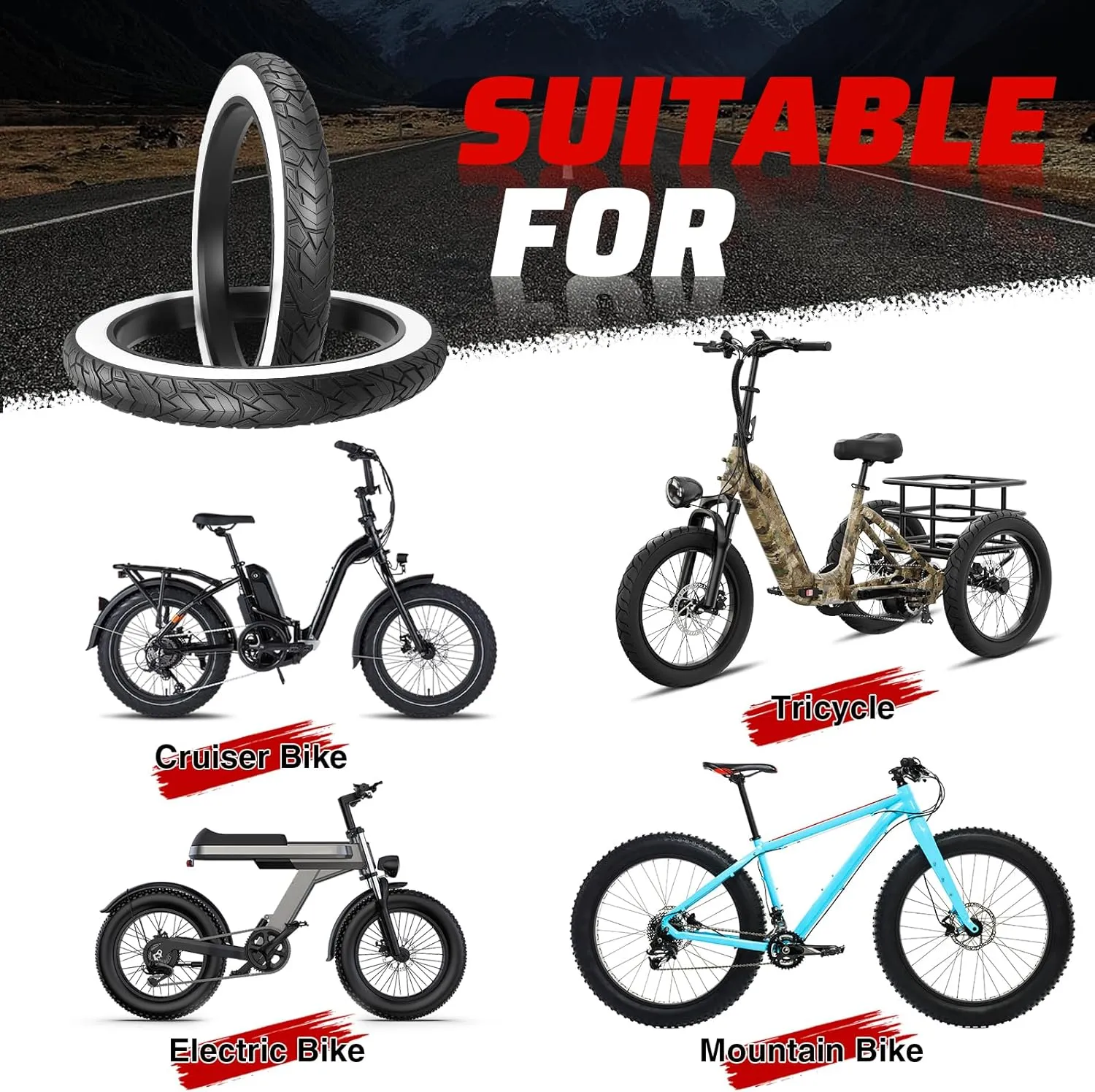 ZUKKA 20/26 x 4.0 E-Bike Tire 1/2 Pack Fat Tire High Performance Fat White Wall Replacement Folding Mountain Bike Tire High-Density Bike Tires for MTB E Bikes