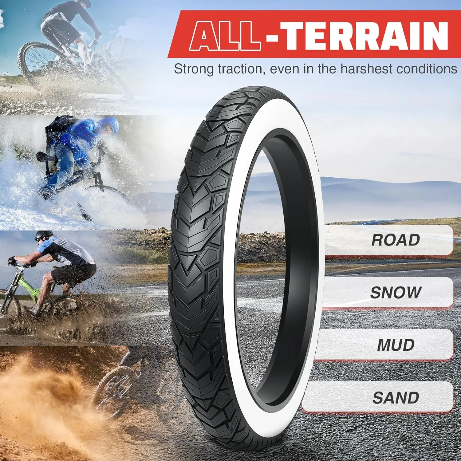 ZUKKA 20/26 x 4.0 E-Bike Tire 1/2 Pack Fat Tire High Performance Fat White Wall Replacement Folding Mountain Bike Tire High-Density Bike Tires for MTB E Bikes