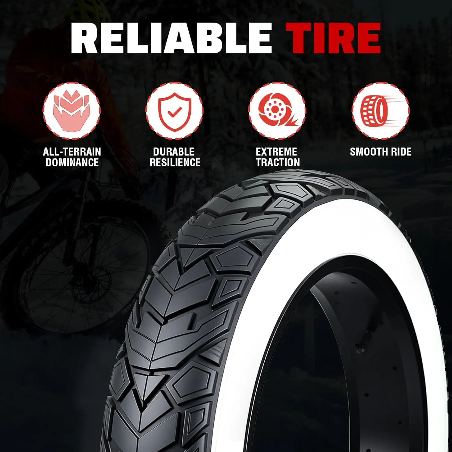 ZUKKA 20/26 x 4.0 E-Bike Tire 1/2 Pack Fat Tire High Performance Fat White Wall Replacement Folding Mountain Bike Tire High-Density Bike Tires for MTB E Bikes