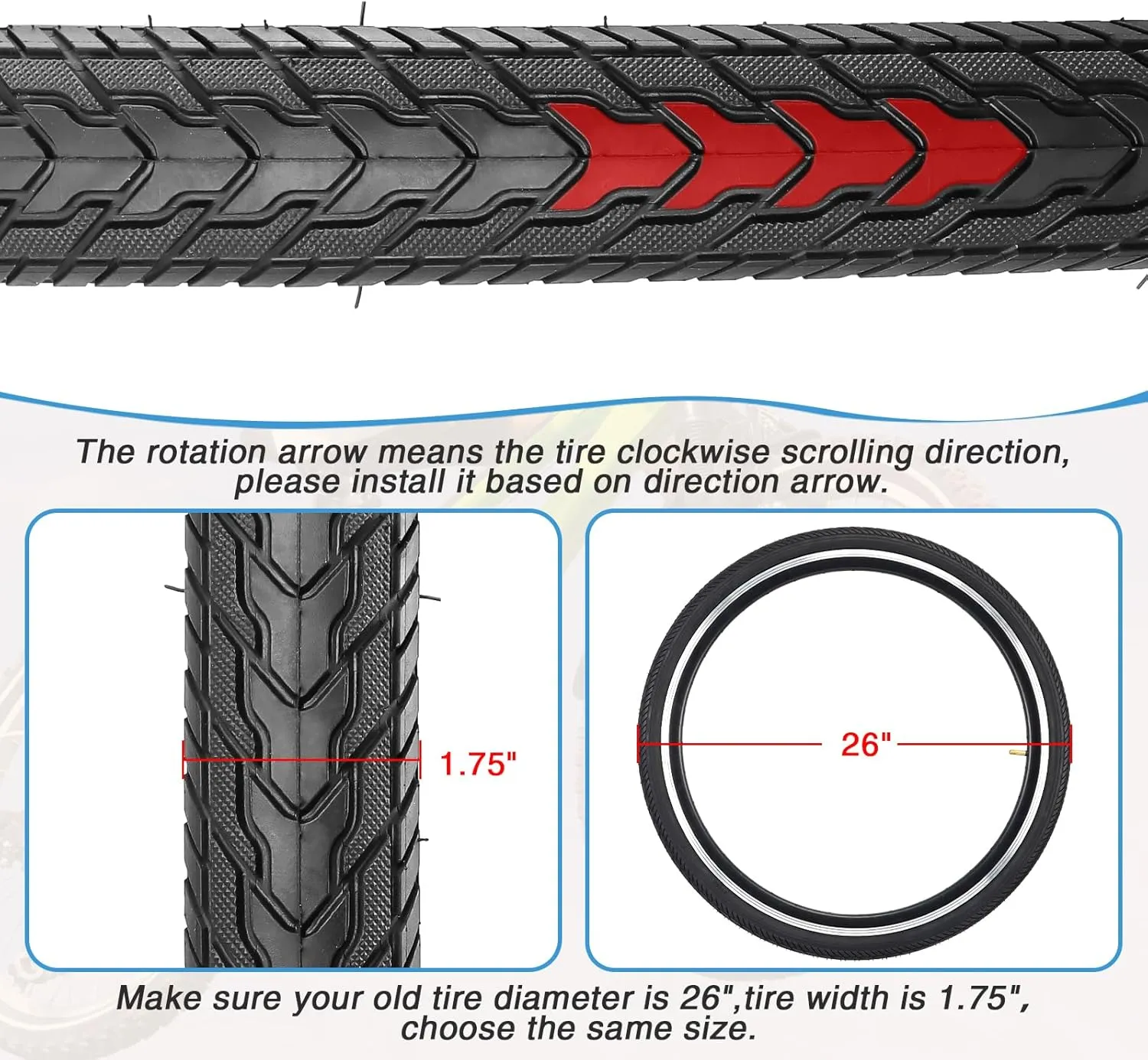 ZUKKA Bike Tire 26X1.75 Mountain Bike Tire with 2 Tire Levers Folding Replacement Tire MTB Mountain Bike, BMX Bicycle Commuter Bike