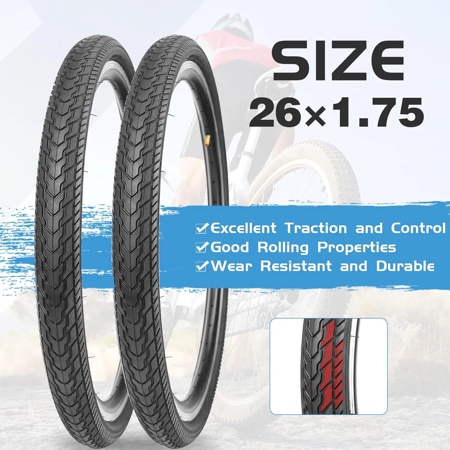 ZUKKA Bike Tire 26X1.75 Mountain Bike Tire with 2 Tire Levers Folding Replacement Tire MTB Mountain Bike, BMX Bicycle Commuter Bike